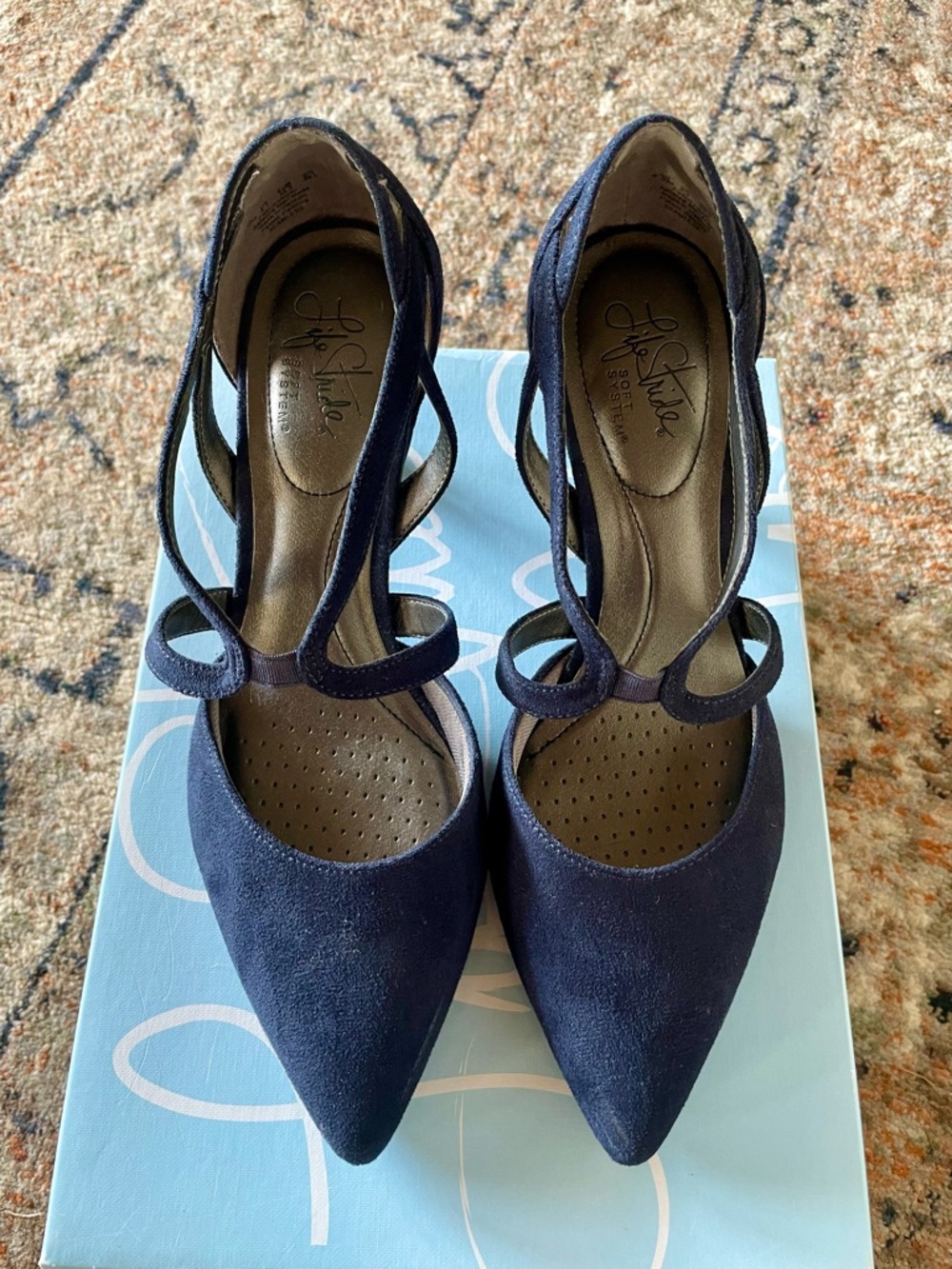 Life Stride Navy Pointed-Toe D'Orsay Heels with Criss Cross Straps 8.5M